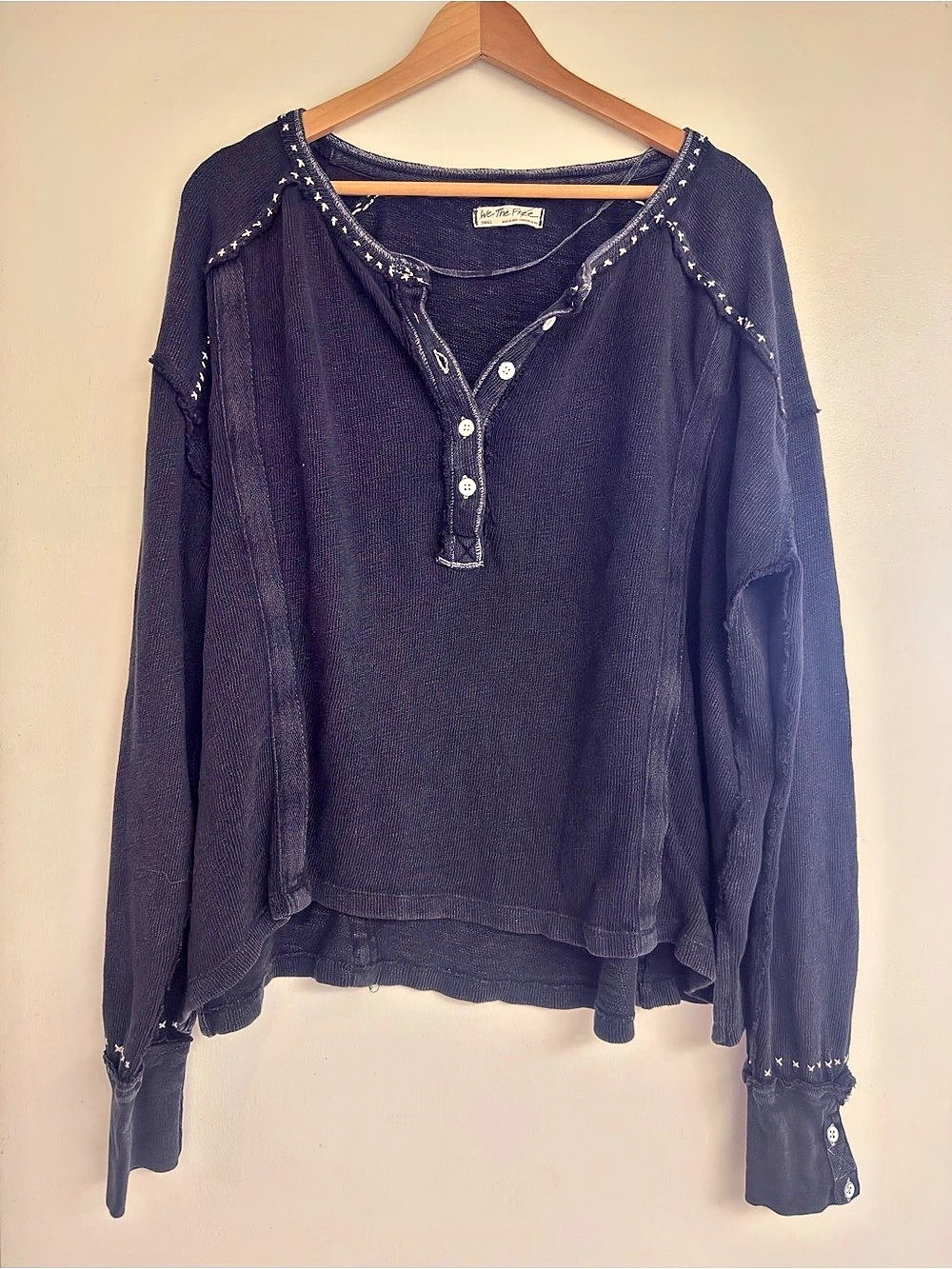Free People Fleur Embroidered Cuff Henley Black